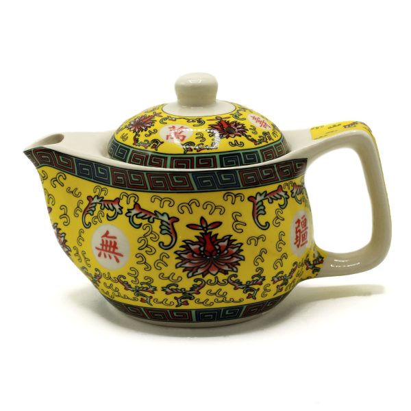 Petite théière à tisane motif longue vie — Céramique et métal, vue d’ensemble