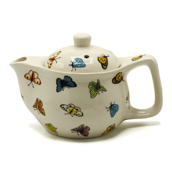 Petite théière à tisane papillons — Céramique et métal, vue d’ensemble