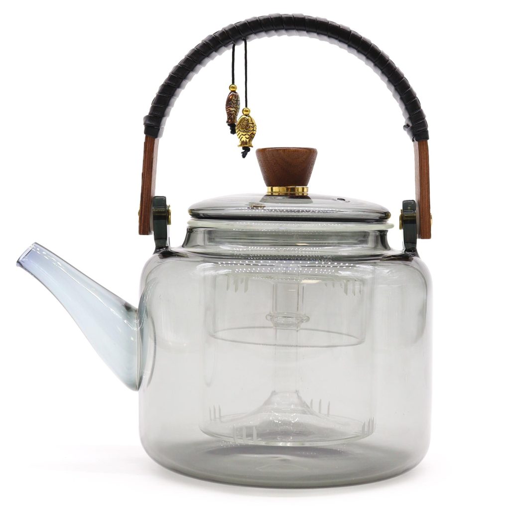 Théière en verre avec infuseur avec panier vapeur, anthracite 1000 ml, détail du couvercle et de l’anse