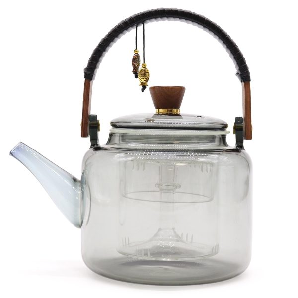 Théière en verre avec infuseur avec panier vapeur, anthracite 1000 ml, détail du couvercle et de l’anse