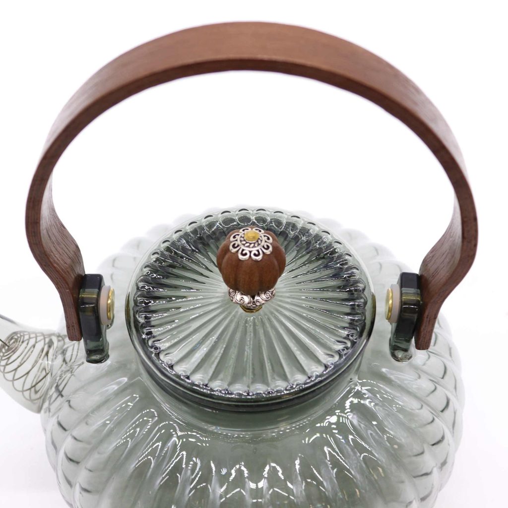 Théière en verre avec infuseur perle nervurée anthracite 950 ml, détail du couvercle et de l’anse