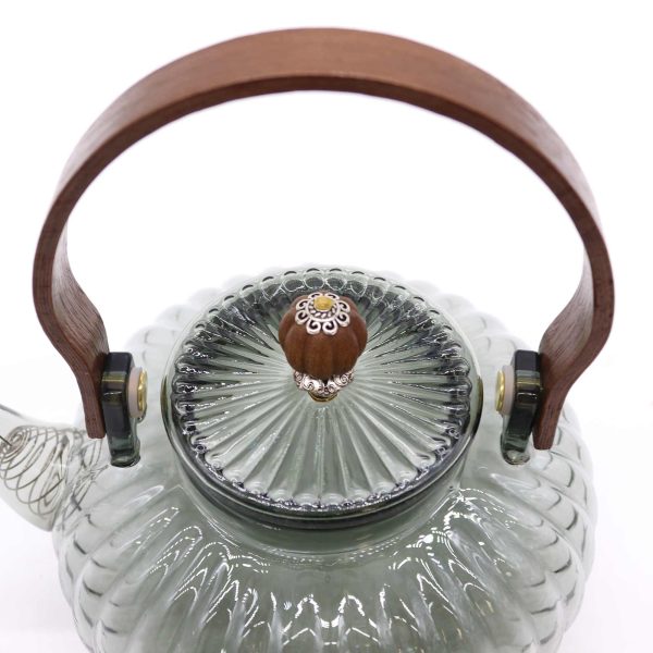 Théière en verre avec infuseur perle nervurée anthracite 950 ml, détail du couvercle et de l’anse