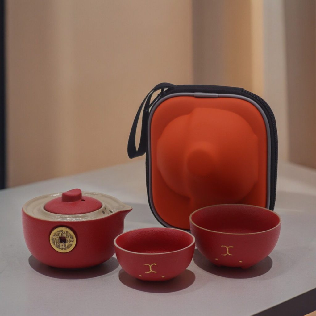 Service à thé de voyage deux tasses coffret de voyage rouge, vue de profil, bec à gauche