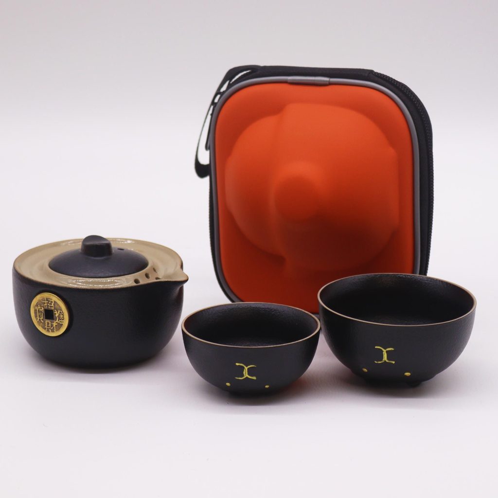 Service à thé de voyage deux tasses coffret de voyage noir — Céramique, vue d’ensemble