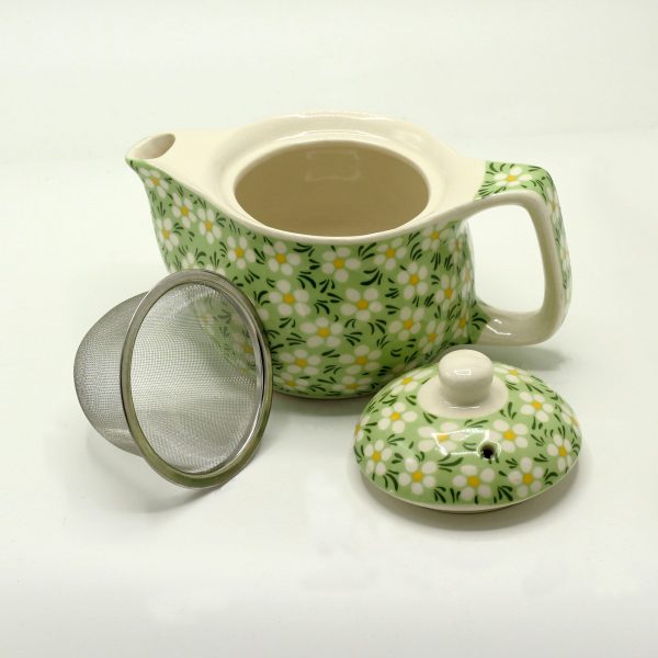 Petite théière à tisane marguerite verte — Céramique et métal, vue d’ensemble