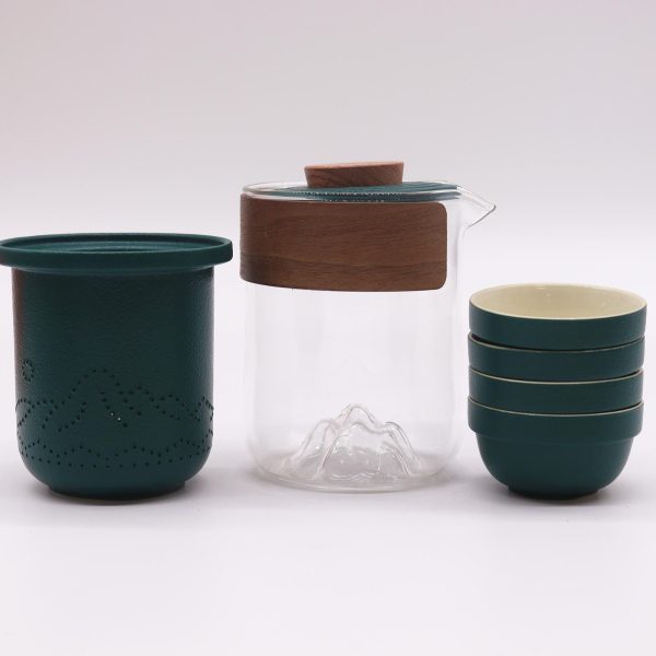 Service à thé de voyage quatre tasses coffret de voyage, détail du couvercle et de l’anse