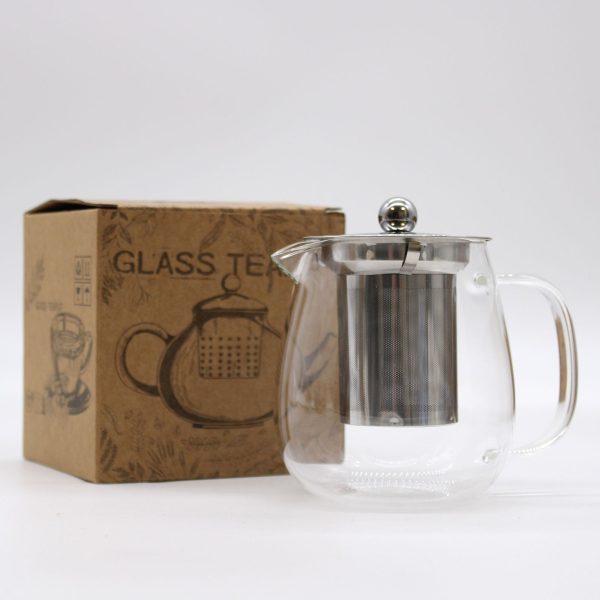 Théière en verre avec infuseur contemporaine 550 ml, vue de profil, bec à gauche