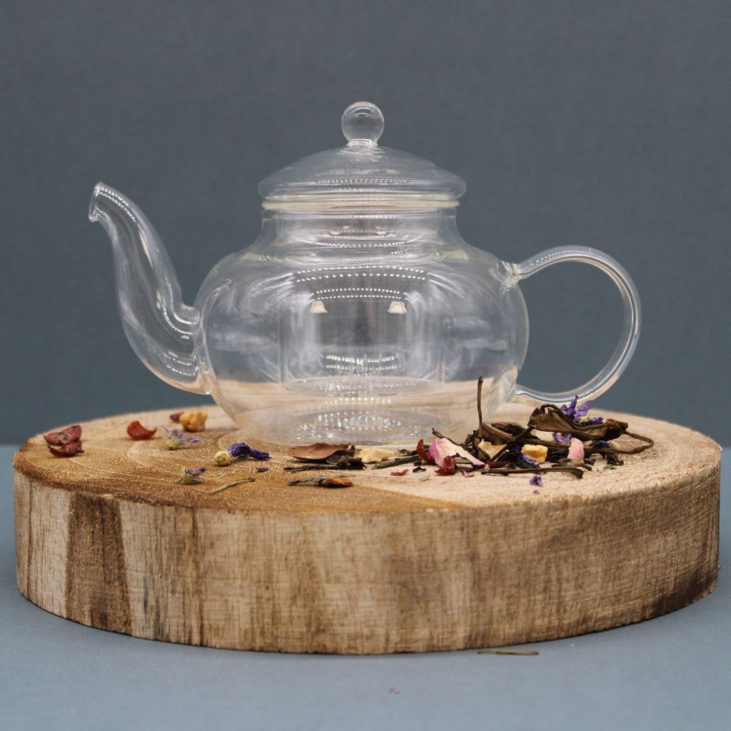 Théière en verre avec infuseur forme perle 400 ml, détail du couvercle et de l’anse