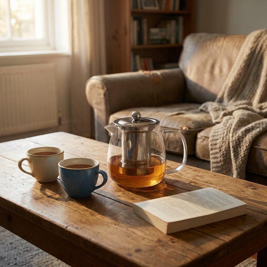 Théière en verre de 550 ml et deux tasses servies sur une table basse