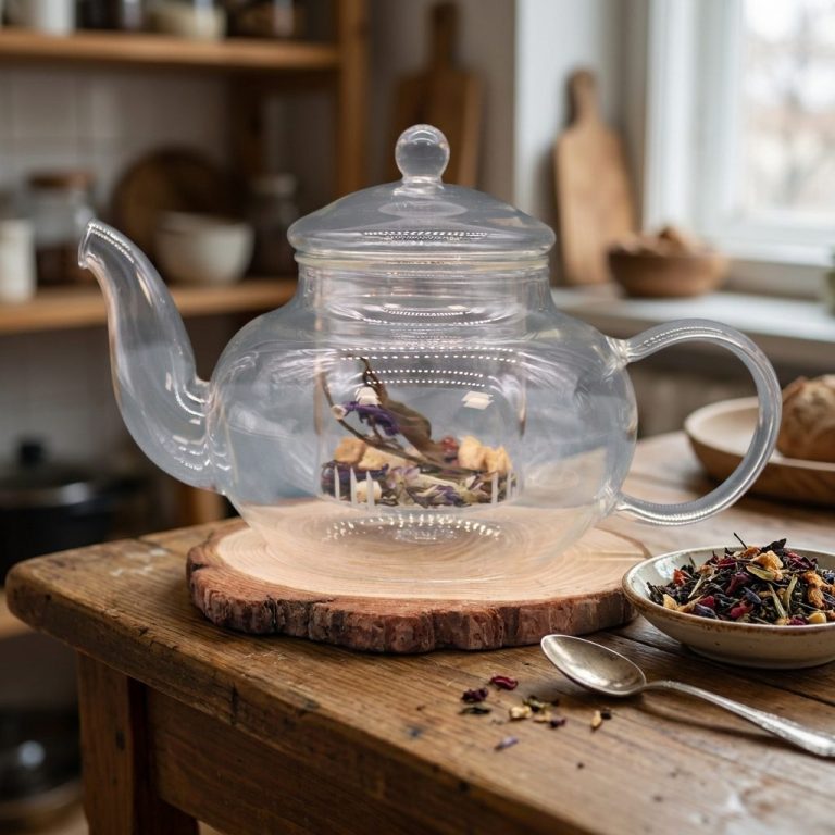 Théière en verre forme perle avec son infuseur inox, feuilles de thé et cuillère