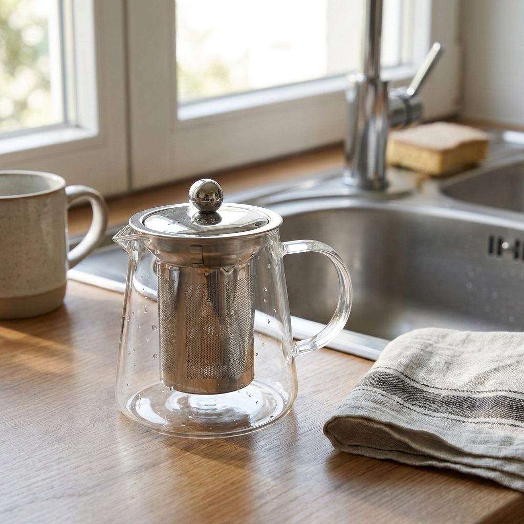 Théière en verre forme carafe rincée, posée près d’un évier au matin