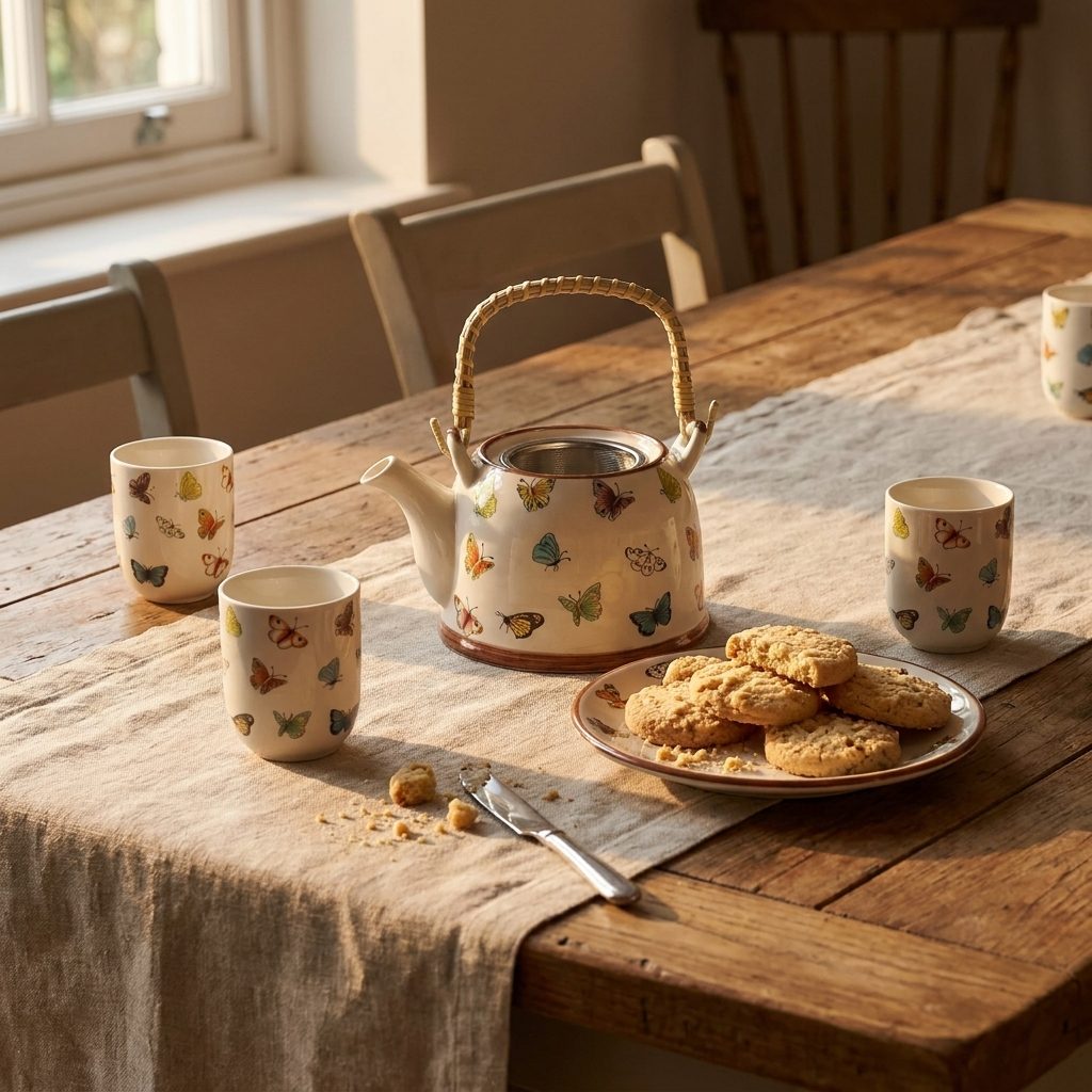 Service à thé papillons dressé pour trois sur une table en bois, biscuits sablés