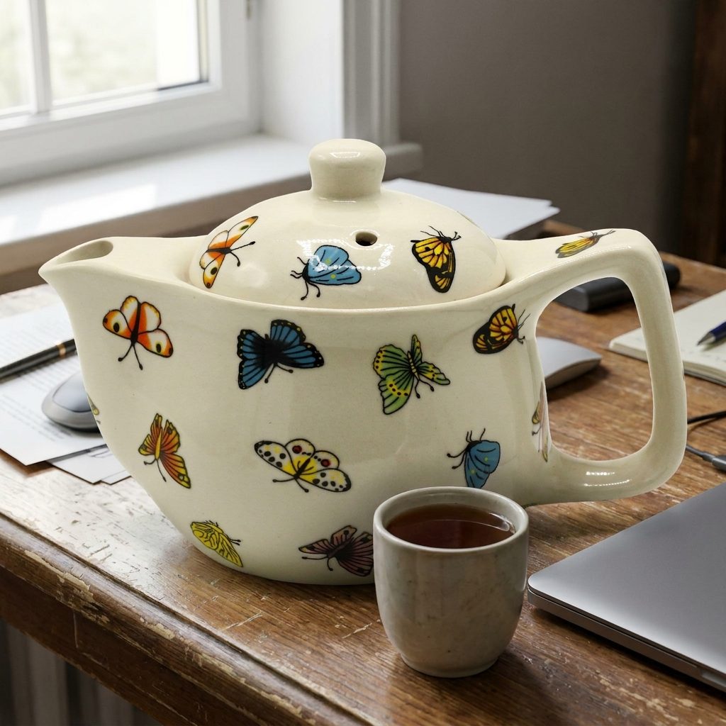 Petite théière à tisane papillons sur un bureau, une tasse à côté
