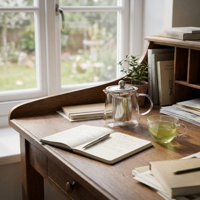 Théière en verre forme carafe sur un bureau, carnet ouvert et tasse de thé vert