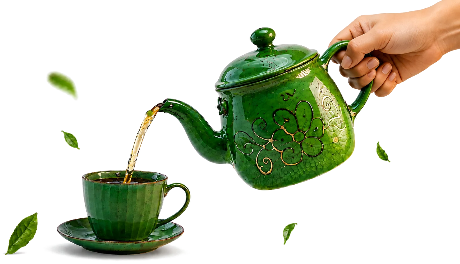 Une main verse le thé d’une théière chinoise en céramique vert émeraude dans une tasse assortie, feuilles de thé en suspension