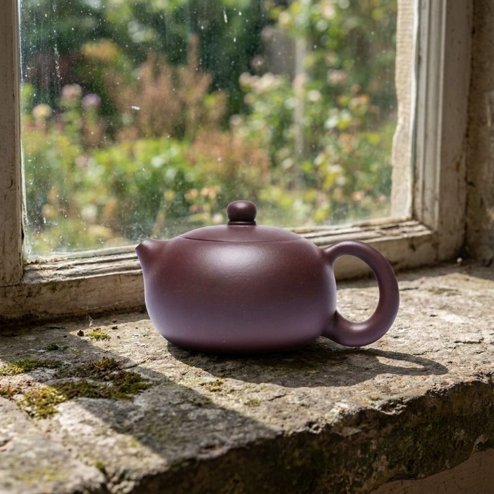 Théière de Yixing 300 ml — argile Zhu Ni, forme Xi Shi, sur un rebord de fenêtre en pierre