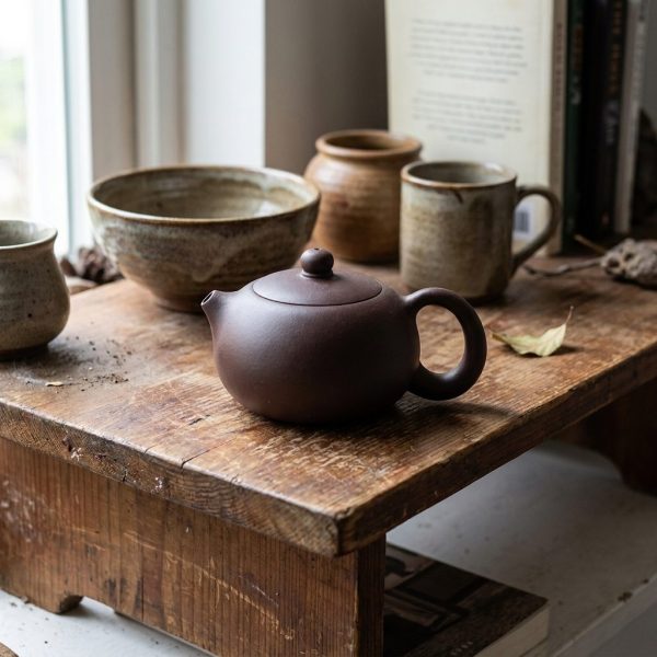 Théière de Yixing 300 ml — argile Zhu Ni, forme Xi Shi, sur une étagère basse en bois