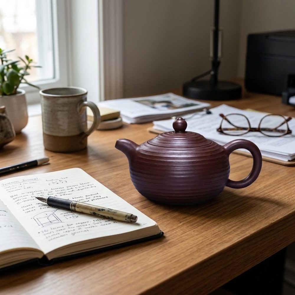 Théière de Yixing 250 ml — panse côtelée, filtre à boule, sur un bureau, carnet ouvert à côté