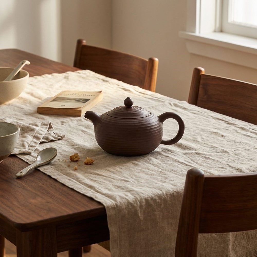 Théière de Yixing 250 ml — panse côtelée, filtre à boule, sur une table de salle à manger en noyer