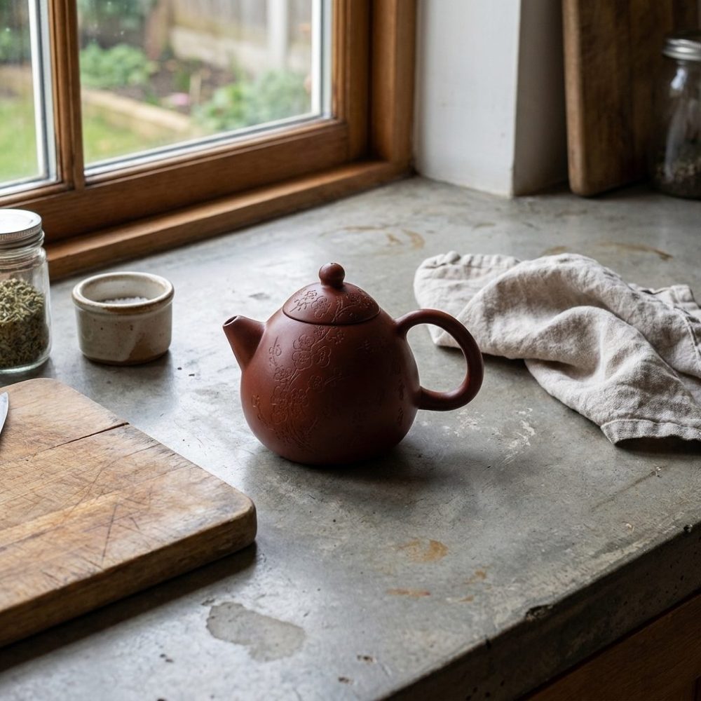Théière de Yixing 200 ml — argile Da Hong Pao, sur un plan de travail en béton ciré