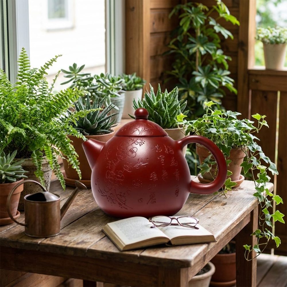 Théière de Yixing 200 ml — argile Da Hong Pao, sur une table de véranda, plantes autour