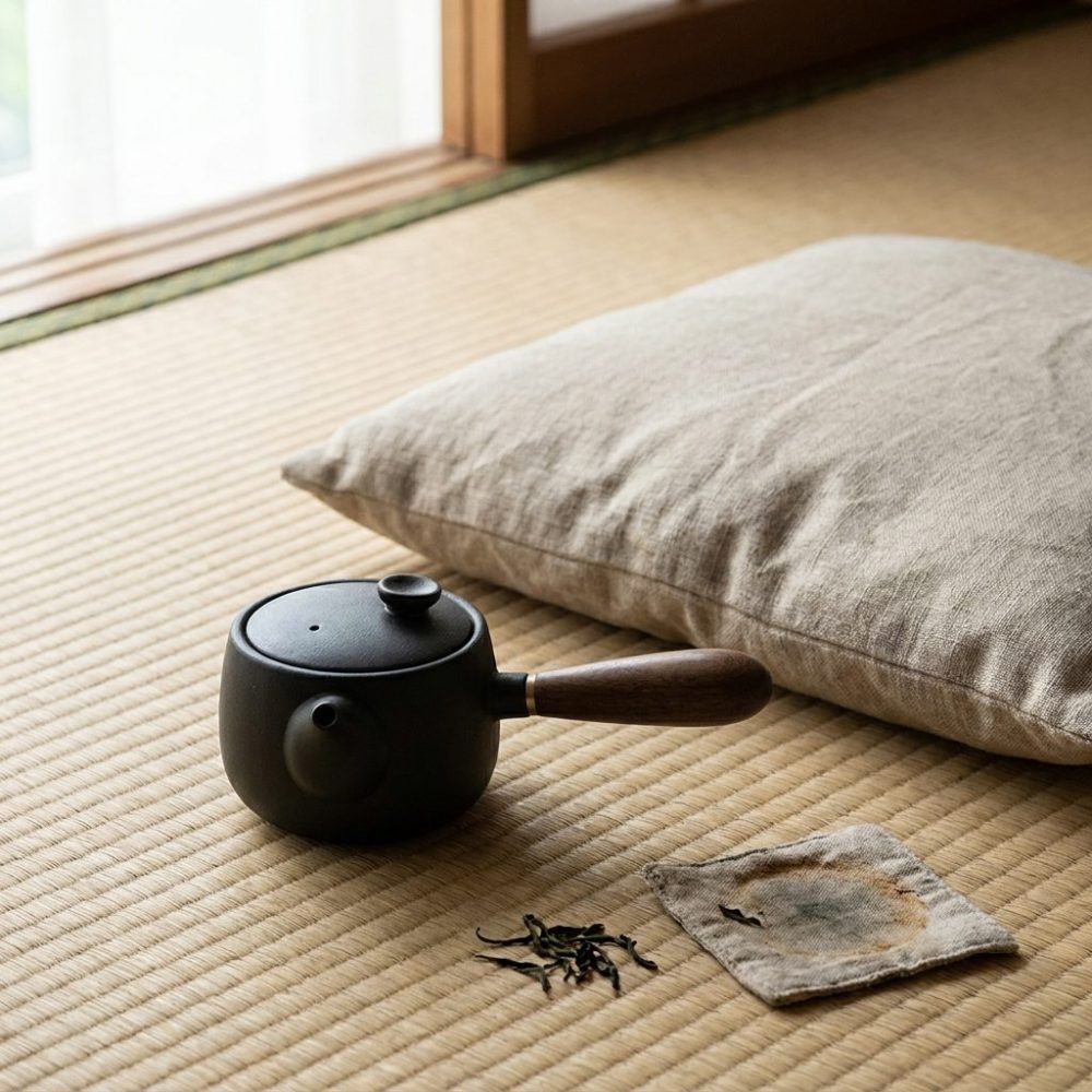 Théière en poterie noire — anse latérale, quatre modèles, sur un tatami