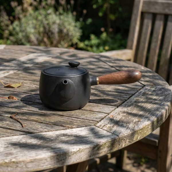 Théière en poterie noire — anse latérale, quatre modèles, sur une table de jardin en teck