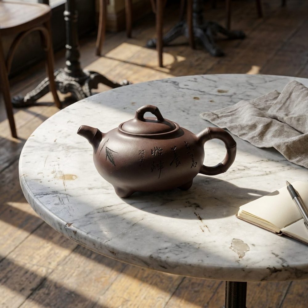 Théière de Yixing 360 ml — gravure à la main, sur une table de bistrot en marbre