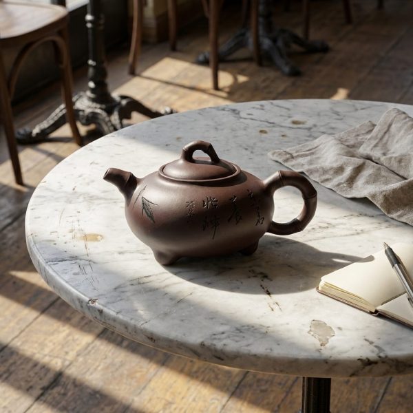 Théière de Yixing 360 ml — gravure à la main, sur une table de bistrot en marbre