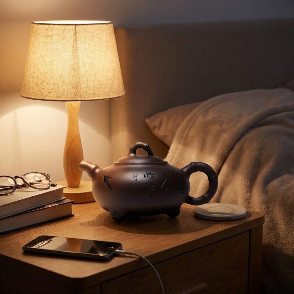 Théière de Yixing 360 ml — gravure à la main, sur une table de chevet, le soir