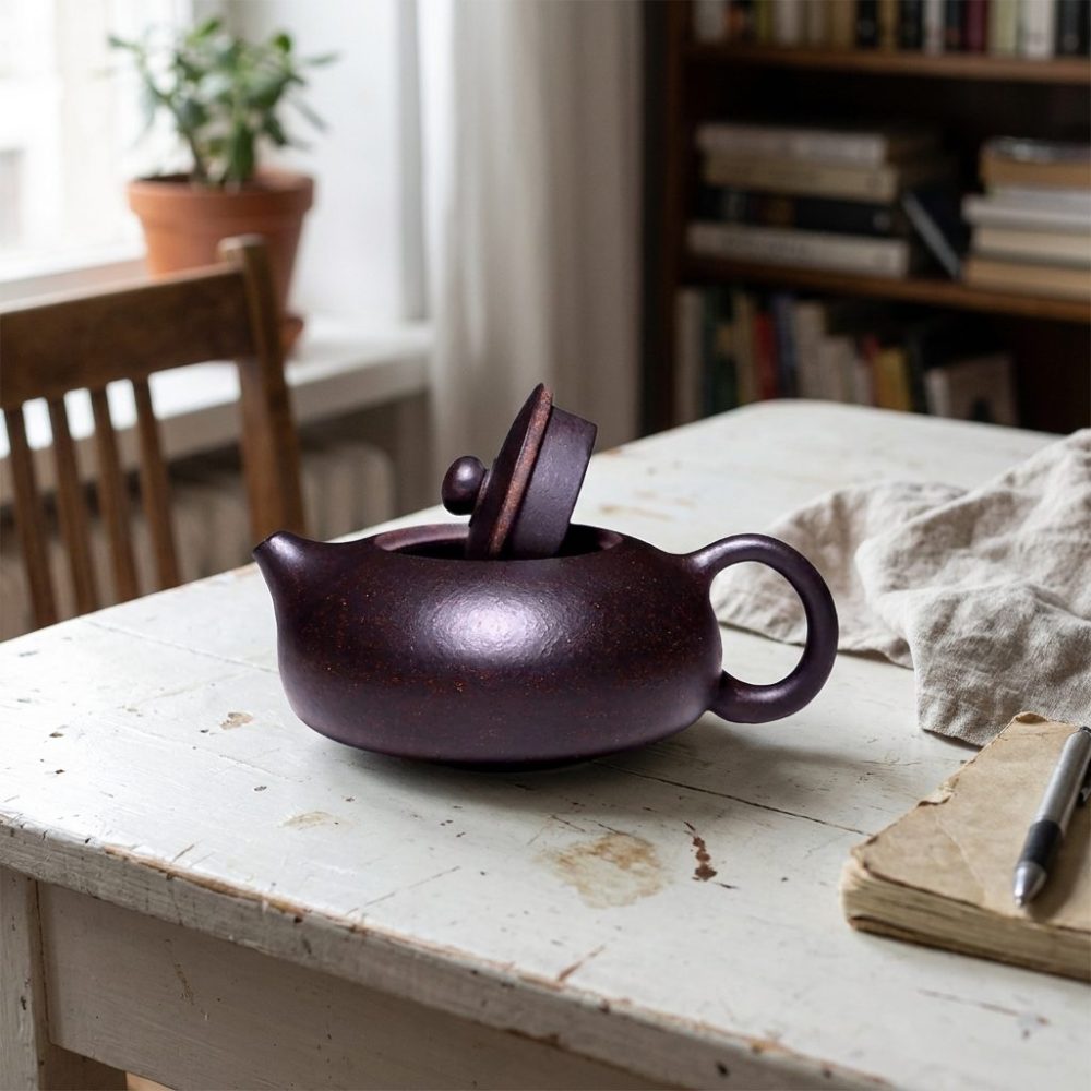 Théière de Yixing 220 ml — argile noir et or, sur une table blanche