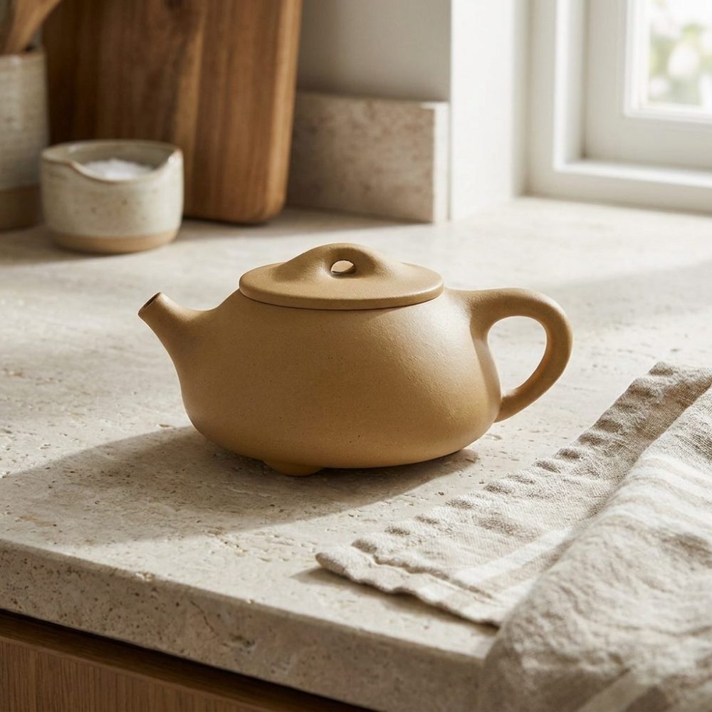 Théière de Yixing 260 ml — argile Duan Ni dorée, sur un comptoir de cuisine