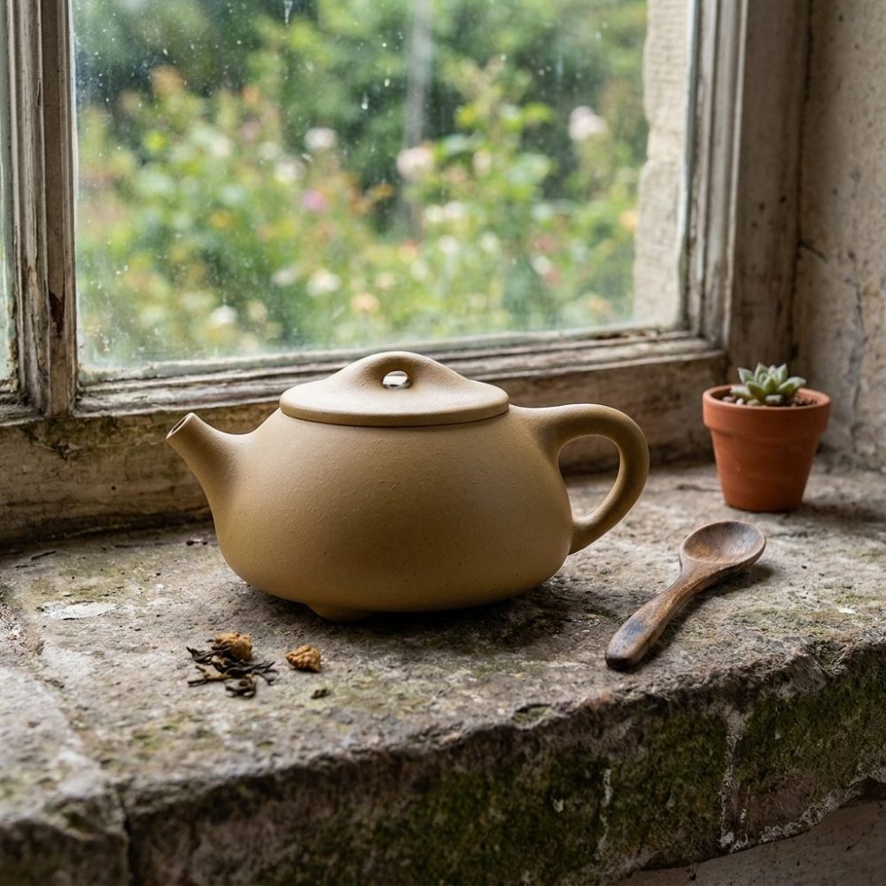 Théière de Yixing 260 ml — argile Duan Ni dorée, sur un rebord de fenêtre en pierre