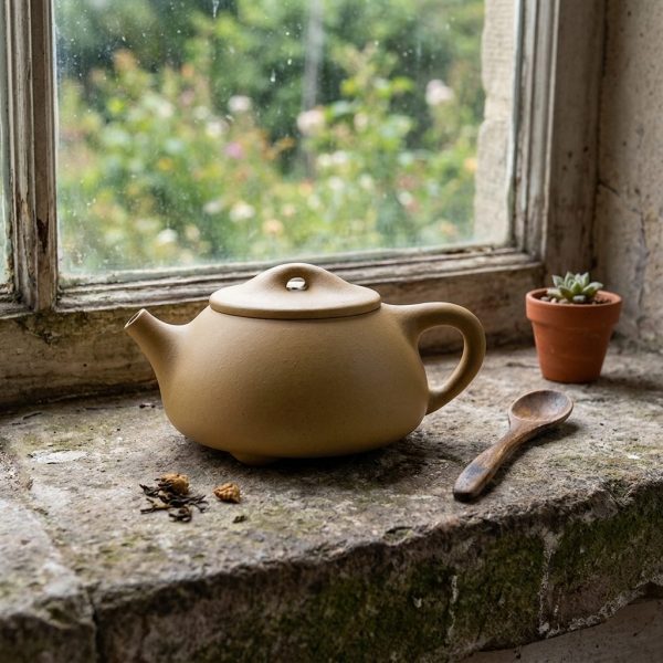 Théière de Yixing 260 ml — argile Duan Ni dorée, sur un rebord de fenêtre en pierre