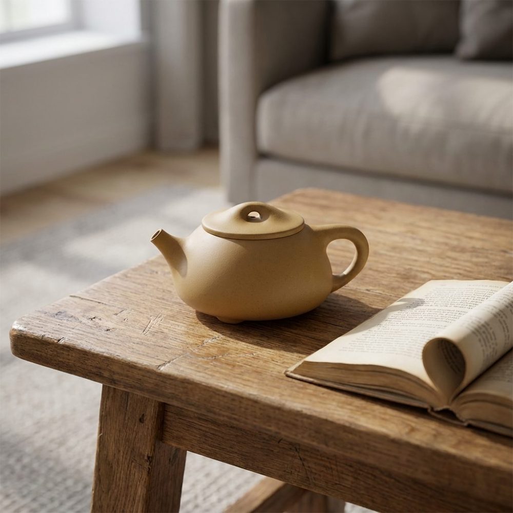 Théière de Yixing 260 ml — argile Duan Ni dorée, sur une table basse en chêne