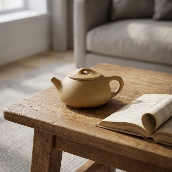 Théière de Yixing 260 ml — argile Duan Ni dorée, sur une table basse en chêne