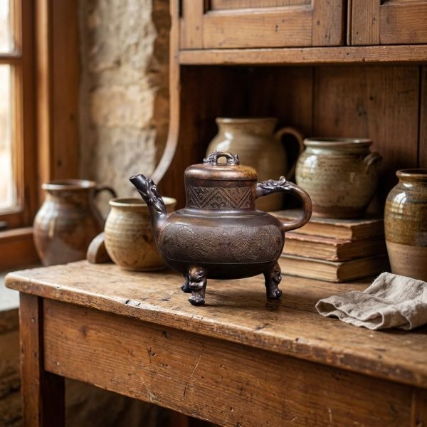 Théière de Yixing 280 ml — cuisson au four-dragon, sur une étagère basse en bois