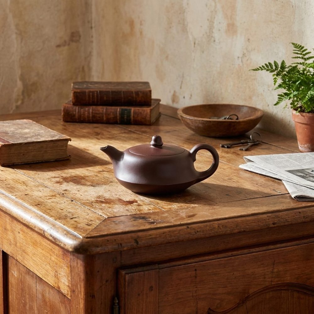 Théière de Yixing 260 ml — panse pleine, sans décor, sur un buffet ancien