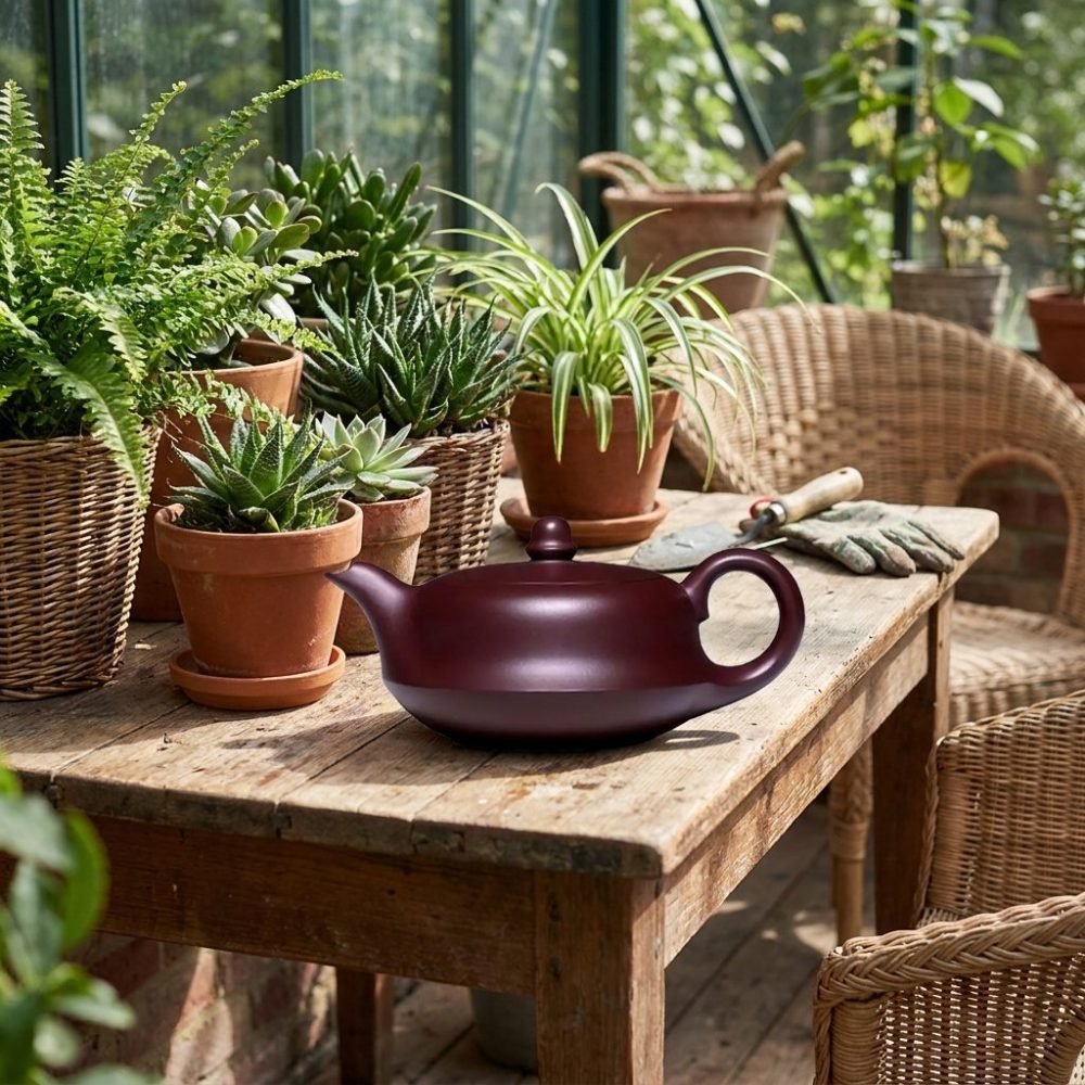 Théière de Yixing 260 ml — panse pleine, sans décor, sur une table de véranda, plantes autour