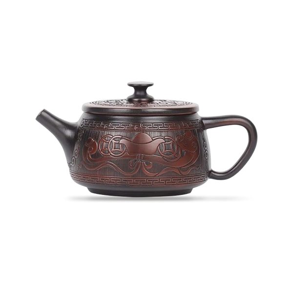 Théière en poterie pourpre 200 ml — forme tuile Han, phénix, sur fond blanc