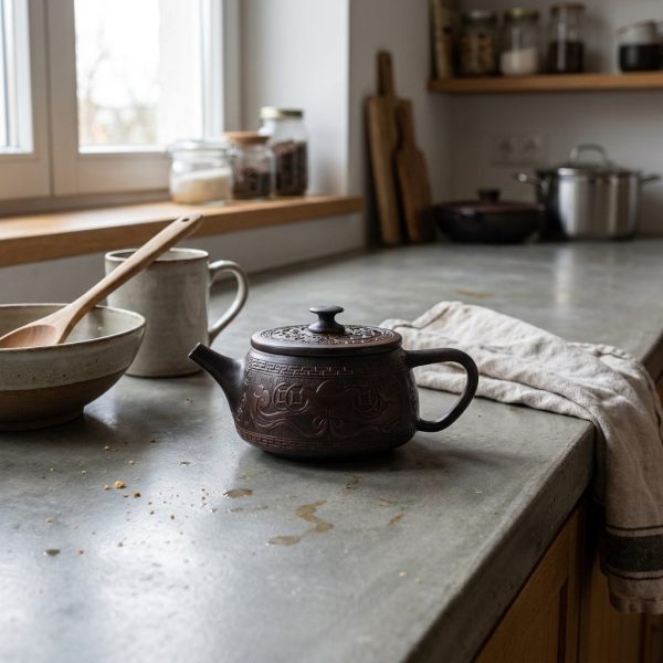 Théière en poterie pourpre 200 ml — forme tuile Han, phénix, sur un plan de travail en béton ciré