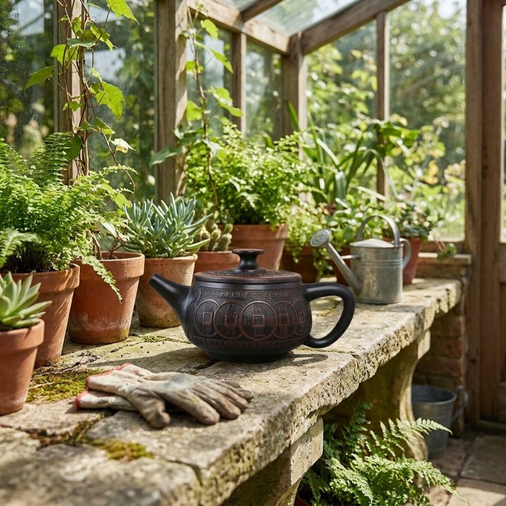 Théière de Jianshui 320 ml — gravure incrustée, sur une table de véranda, plantes autour