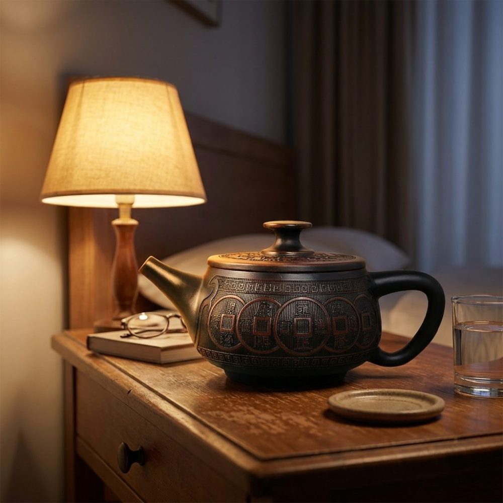 Théière de Jianshui 320 ml — gravure incrustée, sur une table de chevet, le soir