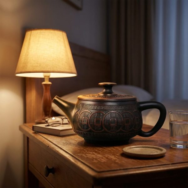 Théière de Jianshui 320 ml — gravure incrustée, sur une table de chevet, le soir
