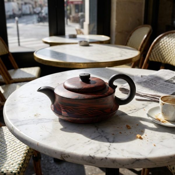 Théière de Yixing 280 ml — argile veinée, sur une table de bistrot en marbre