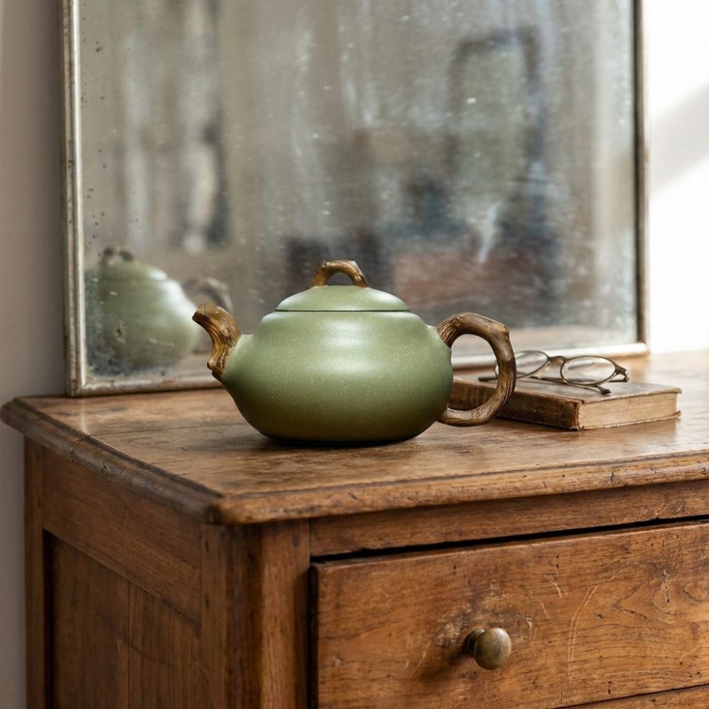 Théière de Yixing 240 ml — forme calebasse, sur une commode ancienne