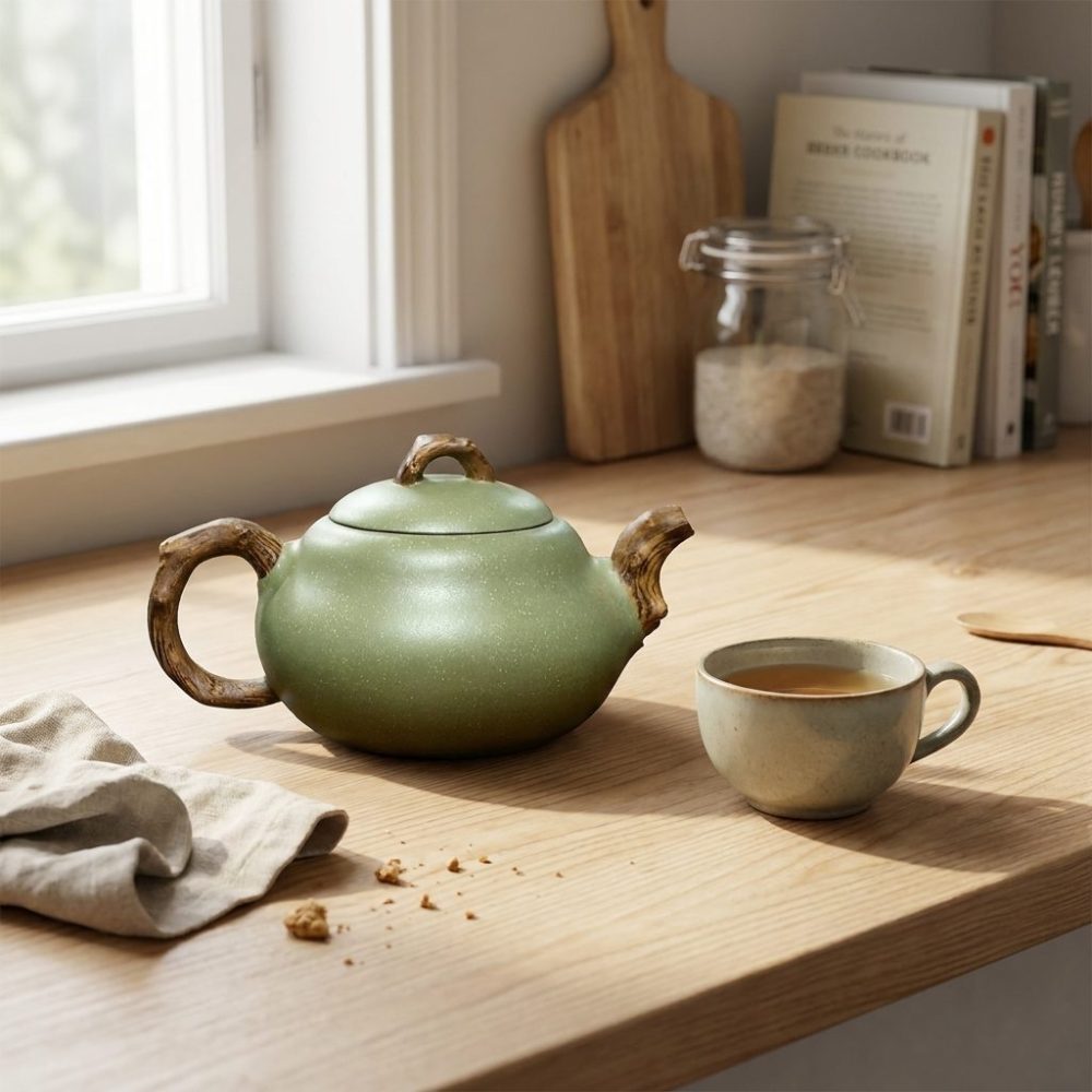 Théière de Yixing 240 ml — forme calebasse, sur une table de cuisine en bois clair