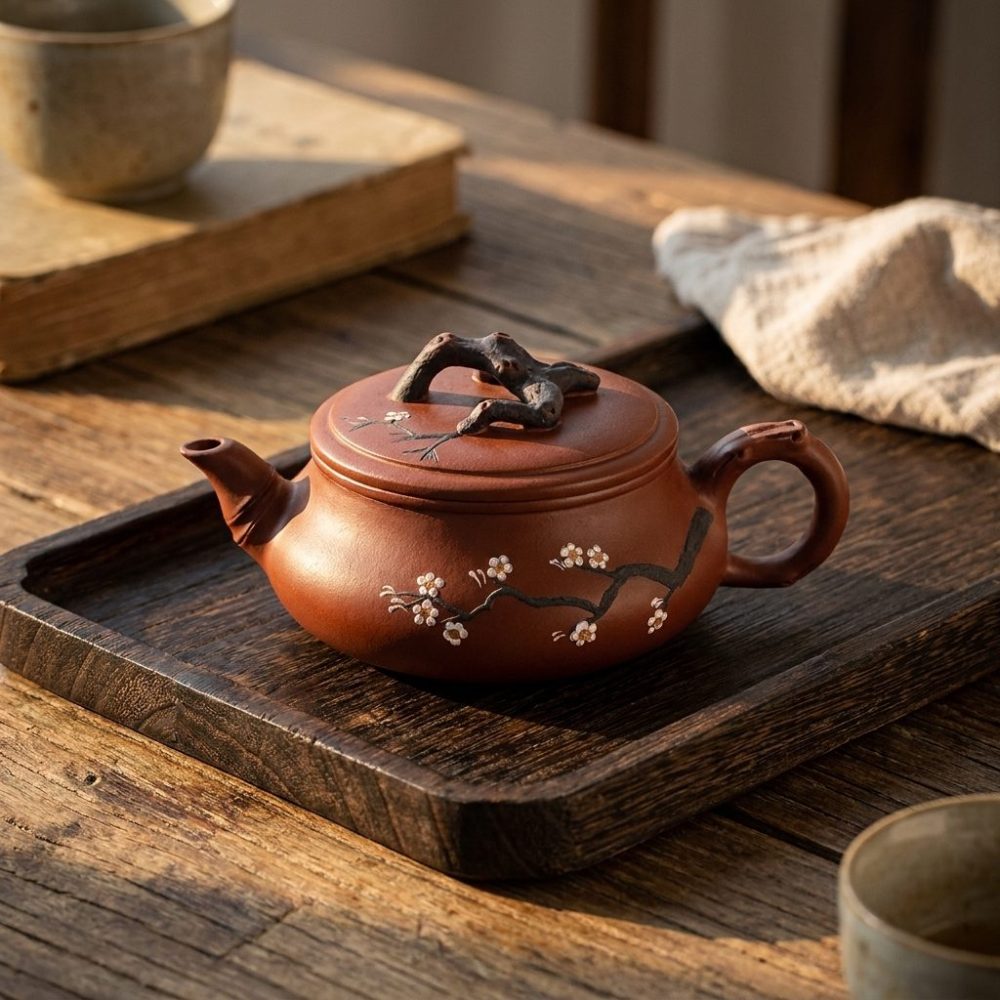 Théière de Yixing 290 ml — fleurs de prunier, forme plate, sur un plateau de bois sombre