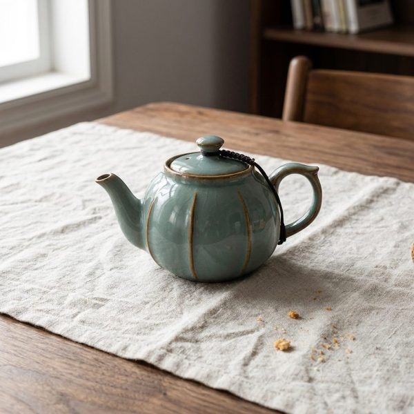 Théière en céramique Ru 210 ml — glaçure bleu ciel, sur une table de salle à manger en noyer
