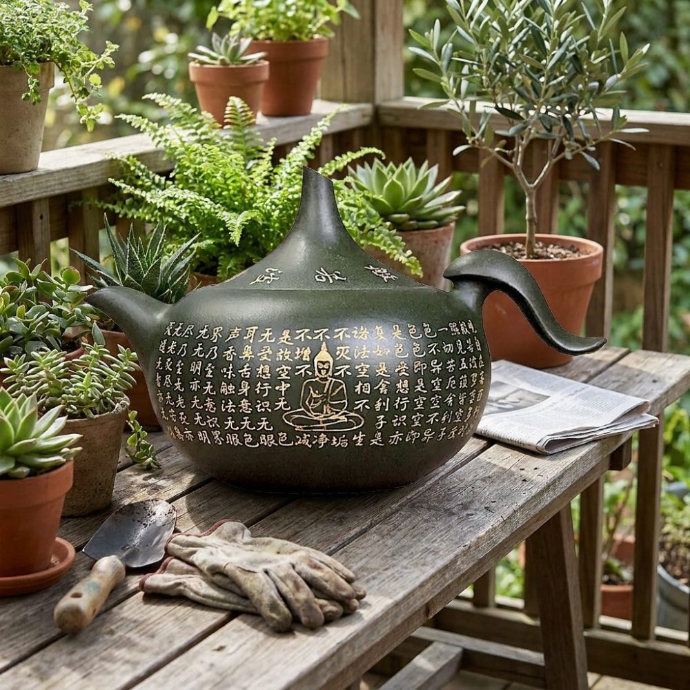 Théière de Yixing 280 ml — panse ronde, argile brute, sur une table de véranda, plantes autour